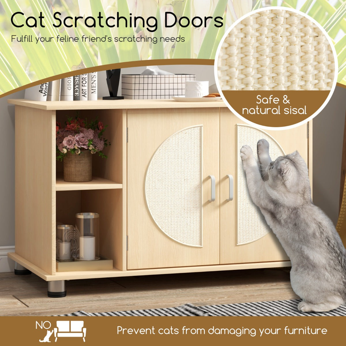 LIVSK Natuurlijke Kattenkast voor Kattentoilet - Dubbele Sisal Krabdeuren - Verhoogde Privacy - Multifunctioneel - 82 x 48 x 52
