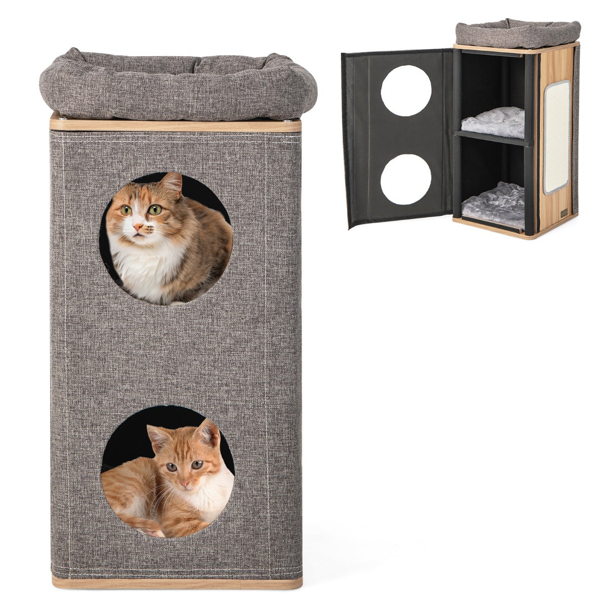 LIVSK Tonvormig Kattenhuis - 3 Etages - Krabplank - Knusse Schuilplaatsen - Comfortabele Kussens - Natuur + Grijs