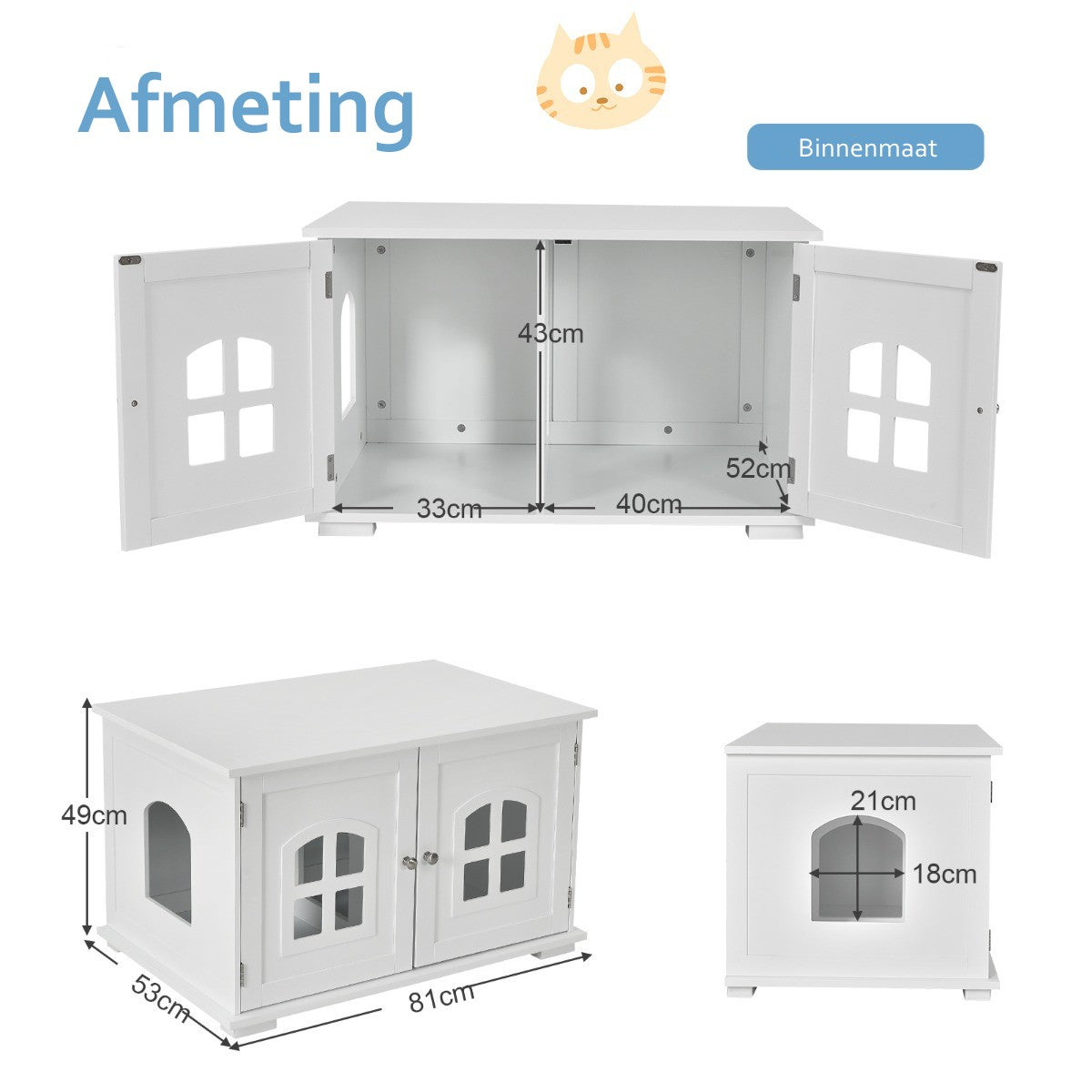 LIVSK Decoratief Kattenhuis - Dubbele Deuren - Optimale Luchtcirculatie - Eenvoudig Schoon te Maken - MDF-structuur - Wit