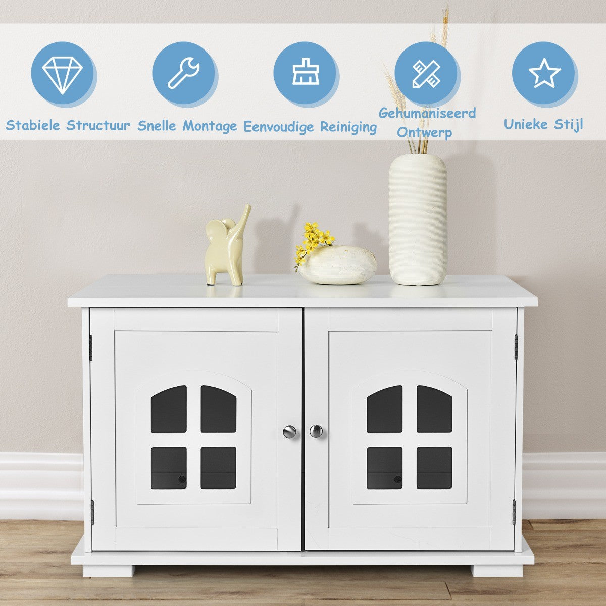 LIVSK Decoratief Kattenhuis - Dubbele Deuren - Optimale Luchtcirculatie - Eenvoudig Schoon te Maken - MDF-structuur - Wit