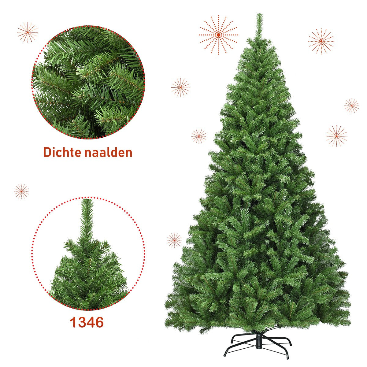 LIVSK Opvouwbare Kunstkerstboom - Realistische PVC naalden - Stevige metalen standaard - 1346 takken - 130 x 225 cm - Groen
