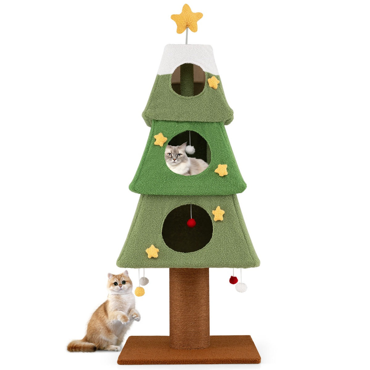 Livsk costway kerstboomvormige krabpaal met kattenhuis voor binnen voorzien van twee kattenbedden en drie niveaus met platforms