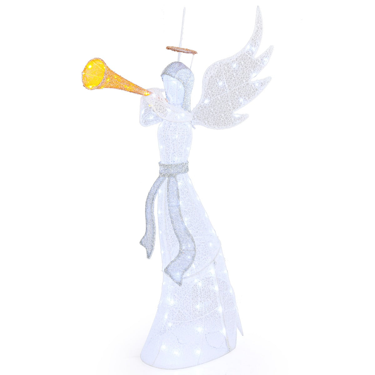 LIVSK Verlichte Kerstengel 156 cm - 100 LED-lampjes - Weerbestendig - Stabiele Tuindecoratie - Met Aureool en Trompet - Wit