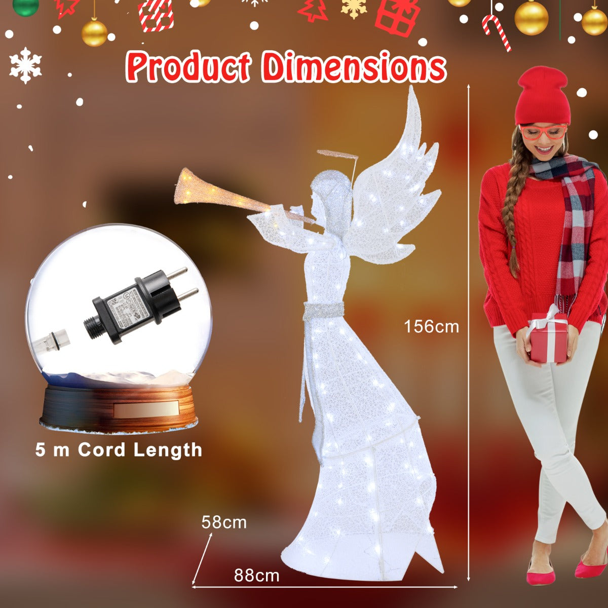 LIVSK Verlichte Kerstengel 156 cm - 100 LED-lampjes - Weerbestendig - Stabiele Tuindecoratie - Met Aureool en Trompet - Wit