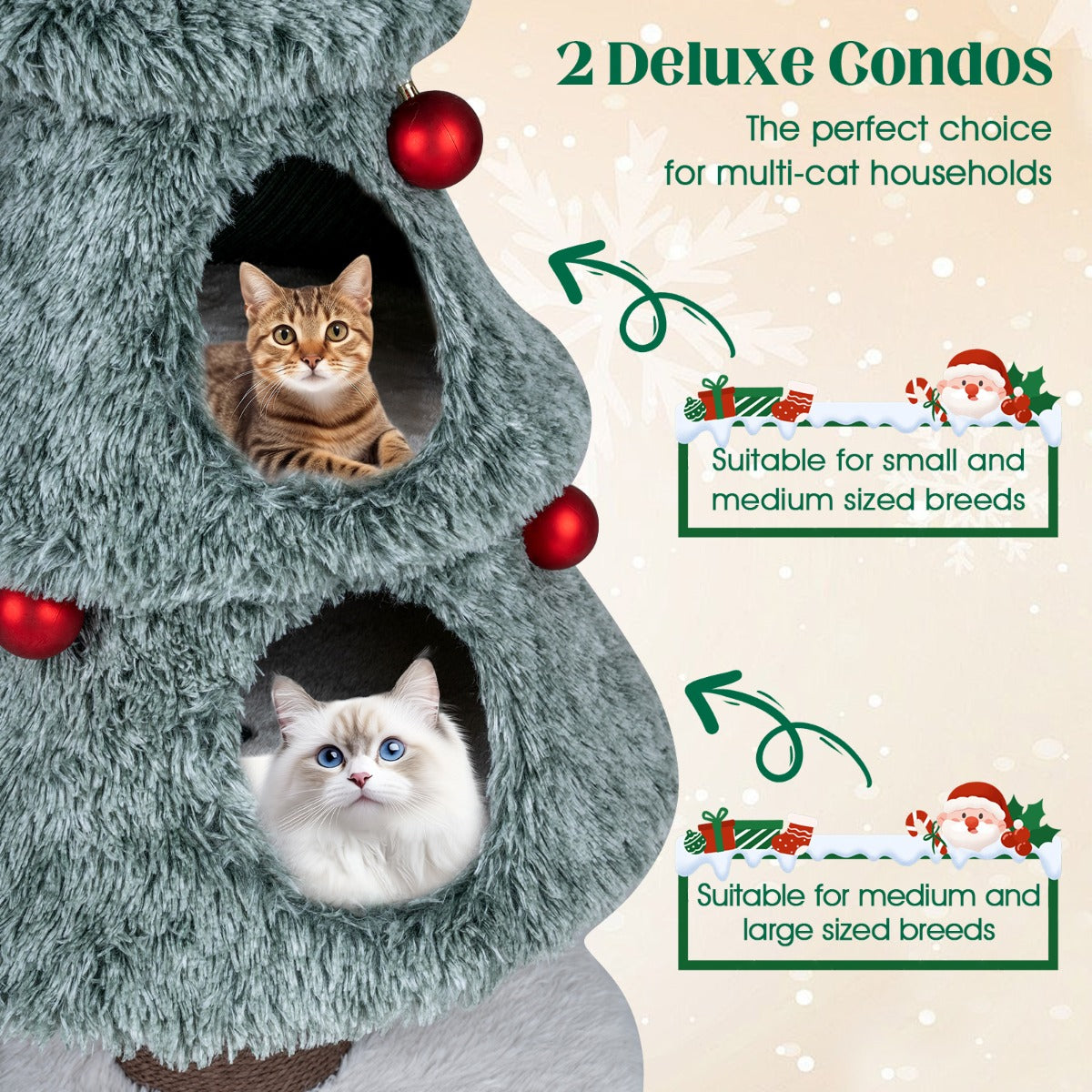 Livsk costway kerstkattenboom voor binnenkatten 123 cm schattige kattentoren met 2 grote hutjes krabpaal 3