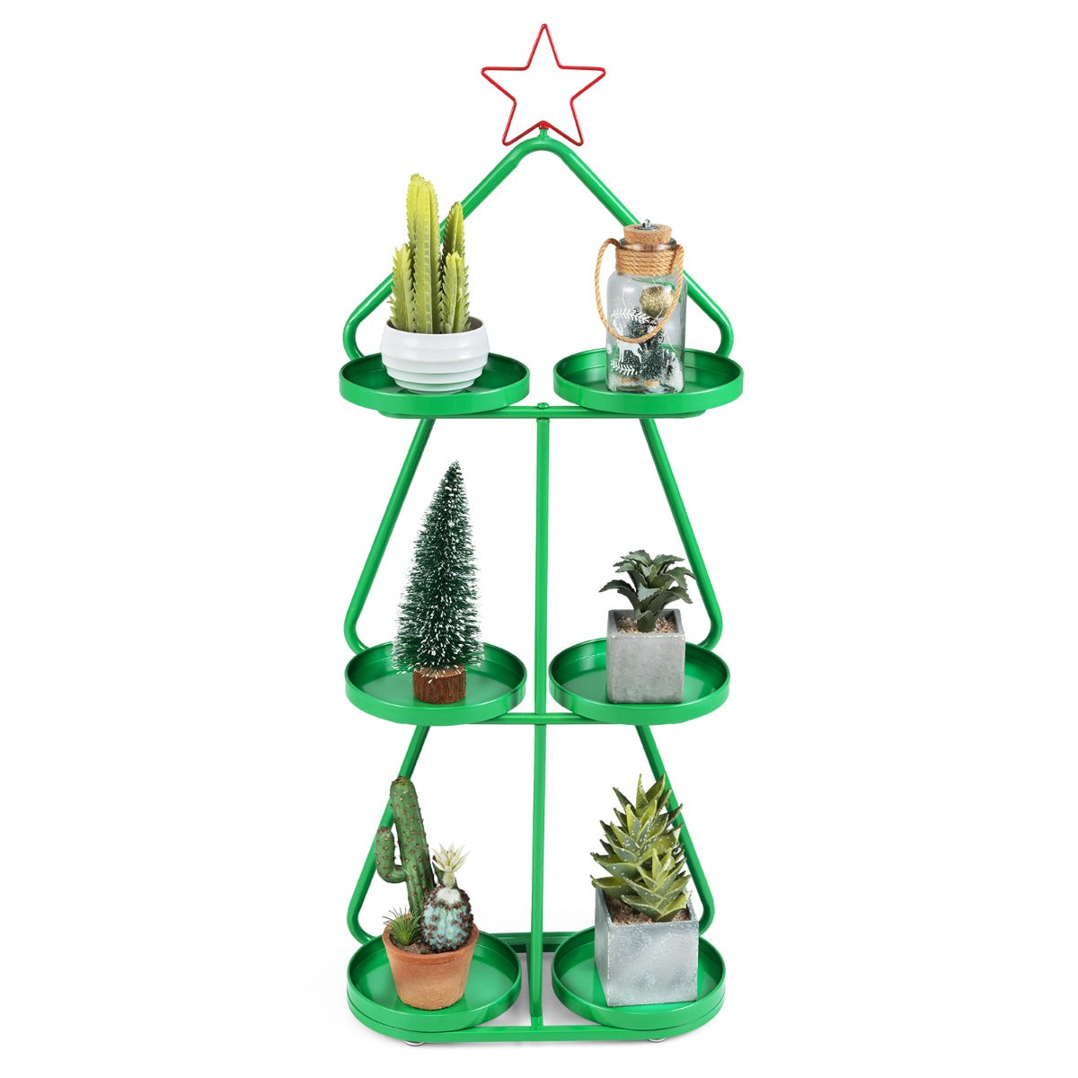 Livsk costway kerstplantenstandaard drie verdiepingen tellende boomvormige bloemenstandaard met daarbovenop een rode ster