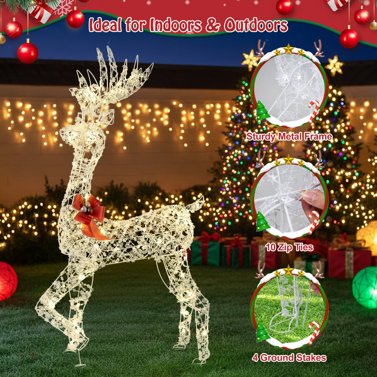LIVSK 3D-verlicht Kerstrendier - 100 Warmwitte LED-Lampen - Stevig Metalen Frame - Voor Tuin en Woonkamer - 80 x 52 x 150 cm -
