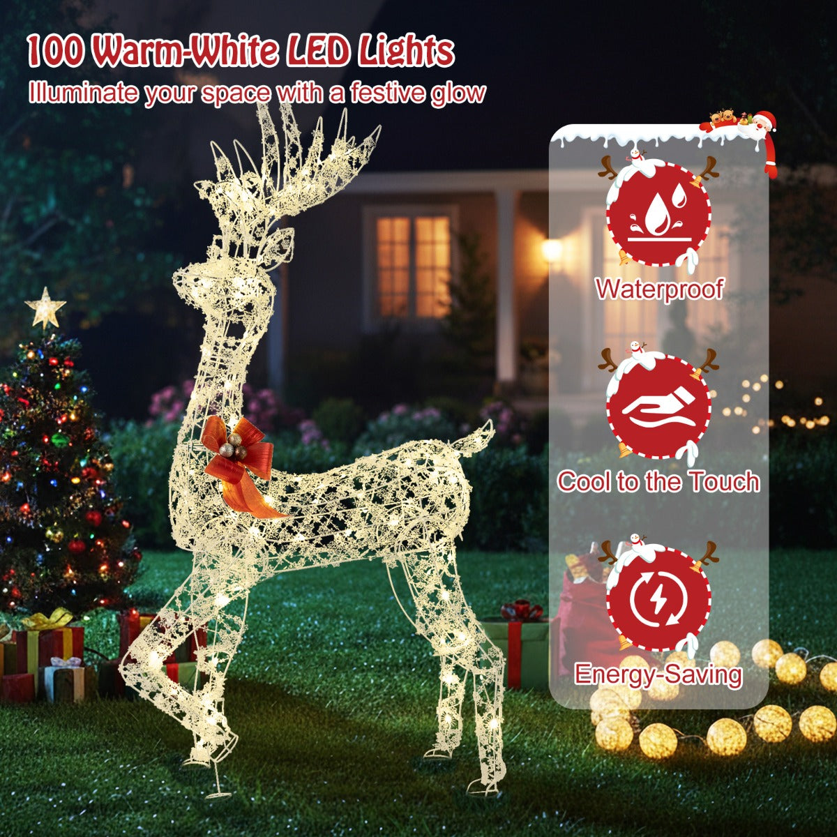 LIVSK 3D-verlicht Kerstrendier - 100 Warmwitte LED-Lampen - Stevig Metalen Frame - Voor Tuin en Woonkamer - 80 x 52 x 150 cm -