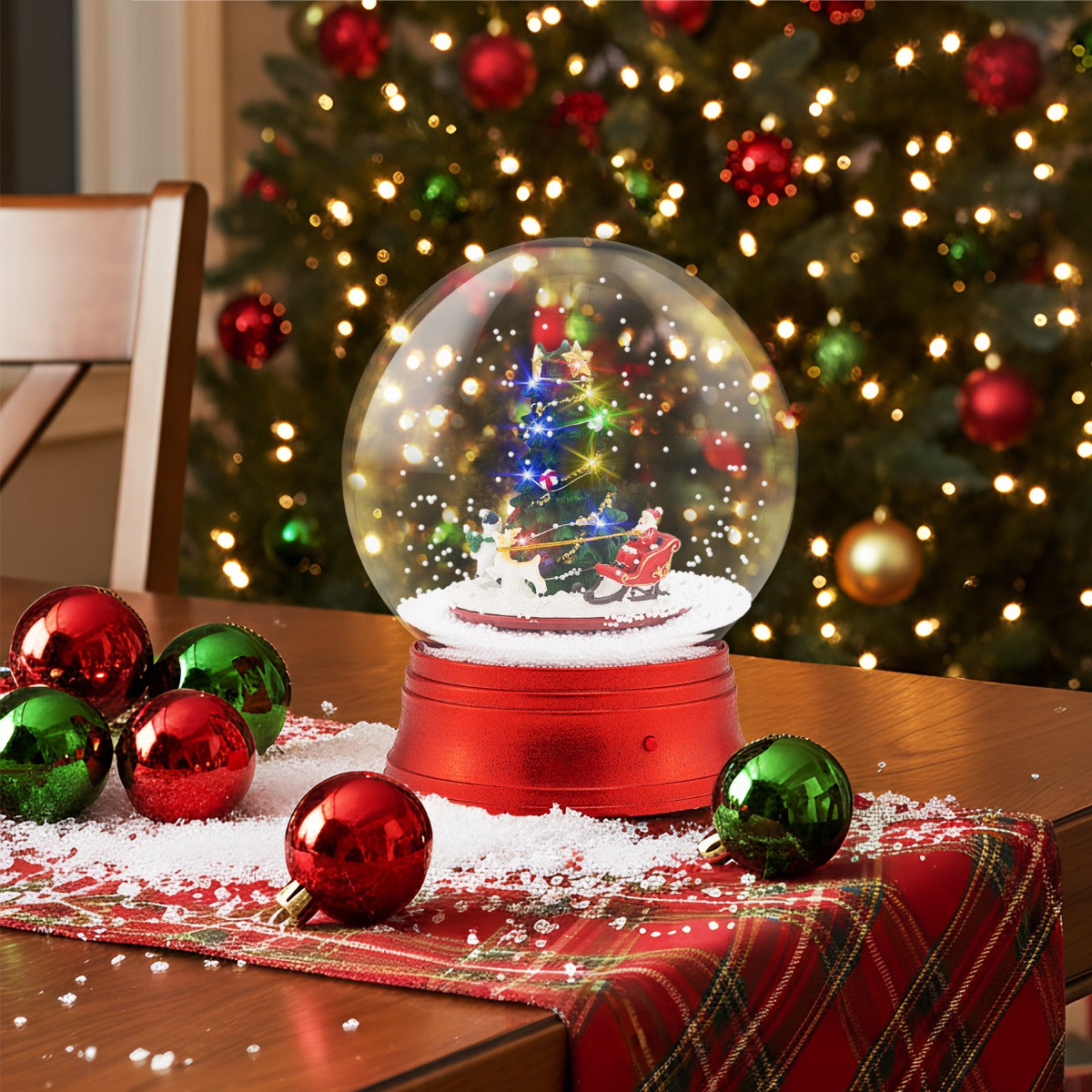 LIVSK Kerstlantaarn met Sneeuwbol - 15 LED-lampjes - 8 Kerstmelodieën - Stabiele Basis - Decoratief Tafellampje - Rood