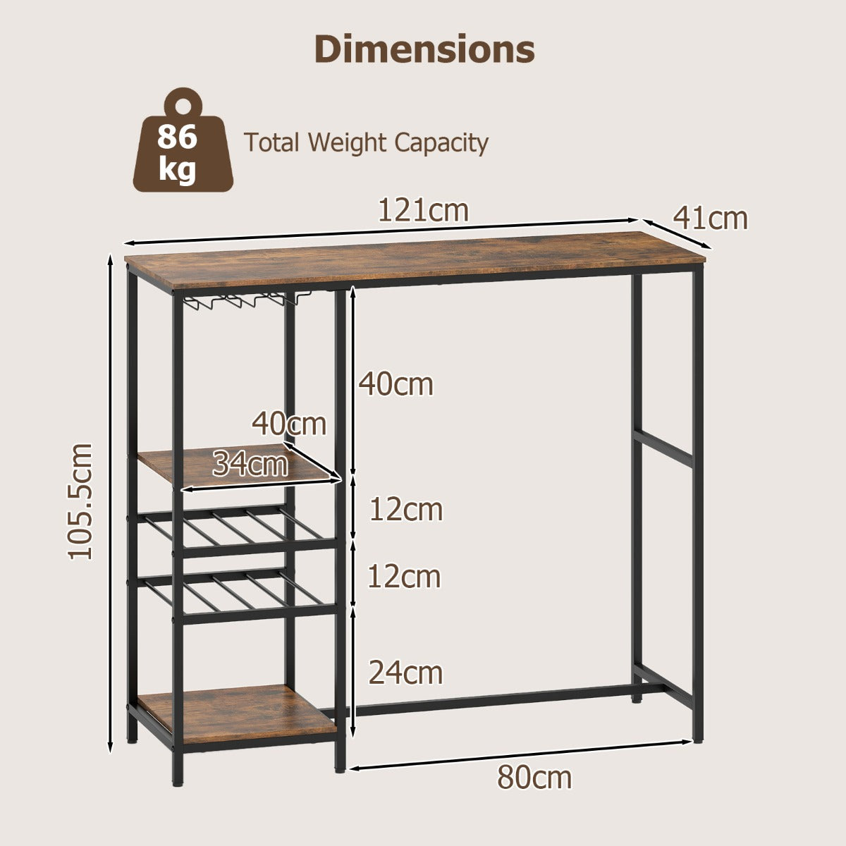 LIVSK Bartafel met Opbergvakken - Wijnrekken en Glazenhouders - Duurzaam Metalen Frame - Tot 86 kg - Rustiek bruin + zwart