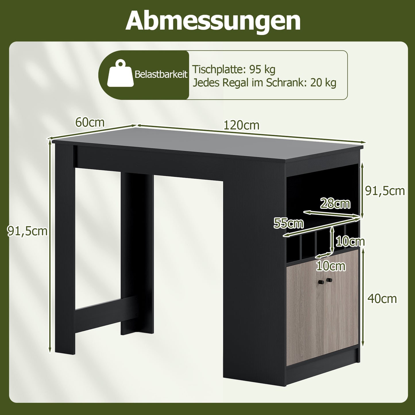 LIVSK Moderne Bartafel met Wijnrek - Gesloten Kast - In hoogte verstelbaar - 120 x 60 cm - Geschikt voor woonkamer en keuken -