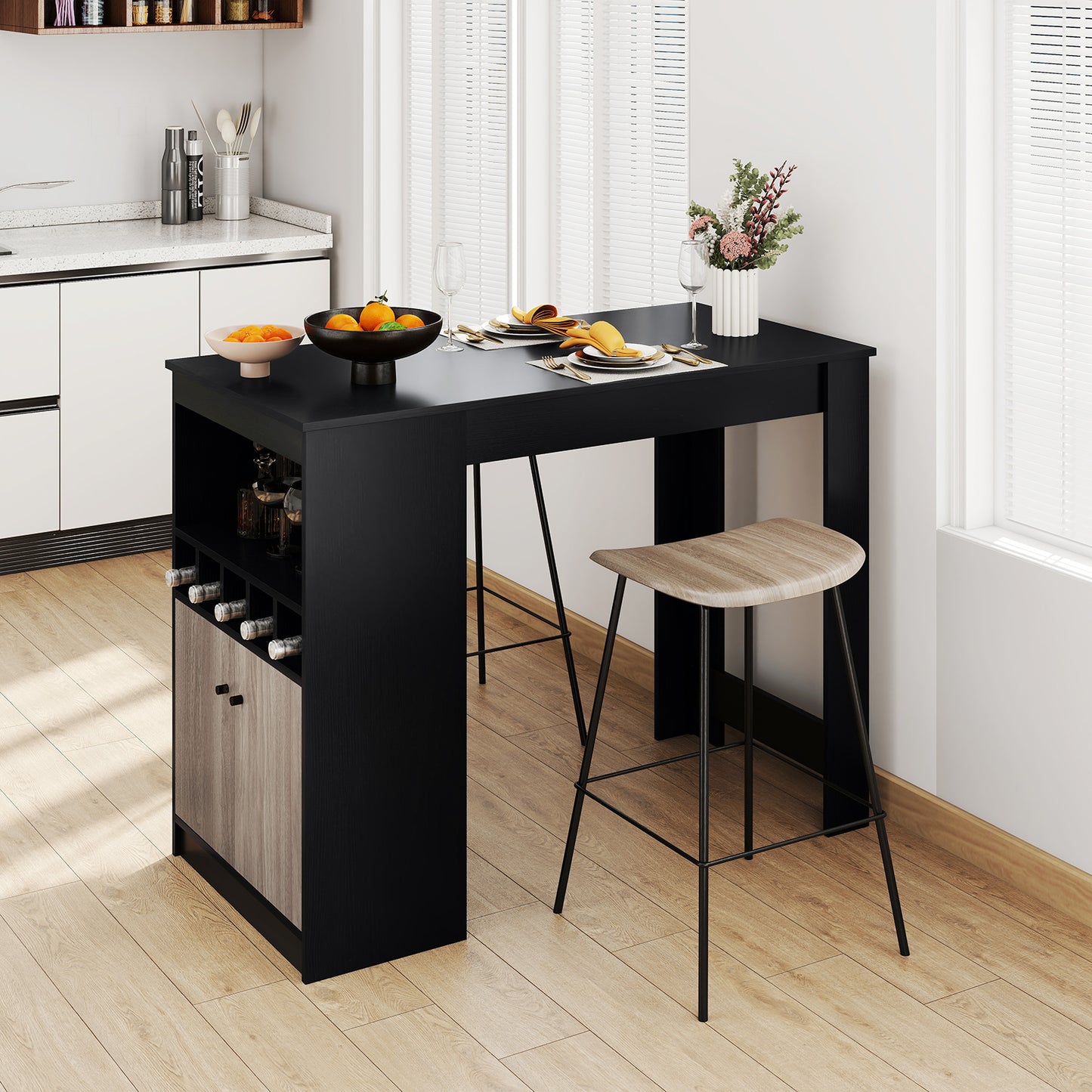 LIVSK Moderne Bartafel met Wijnrek - Gesloten Kast - In hoogte verstelbaar - 120 x 60 cm - Geschikt voor woonkamer en keuken -