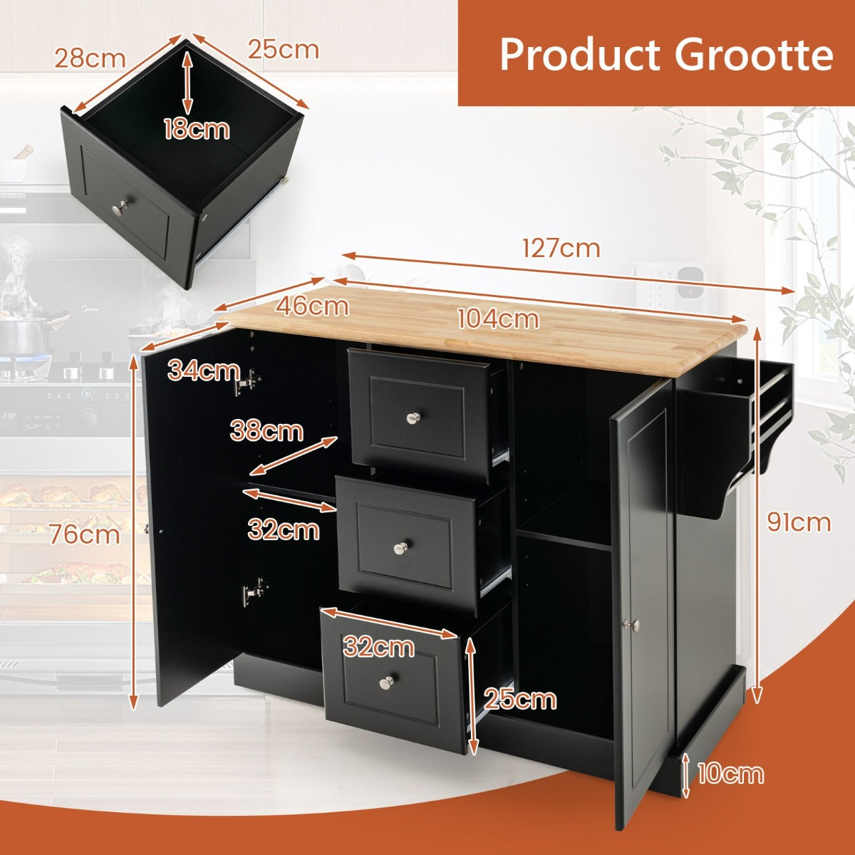 Livsk costway keuken dressoir 5 verborgen wielen 2 kasten 3 lades handdoekhouder kruidenrekje 127 x 46 x 91 cm l x b x h 1 1