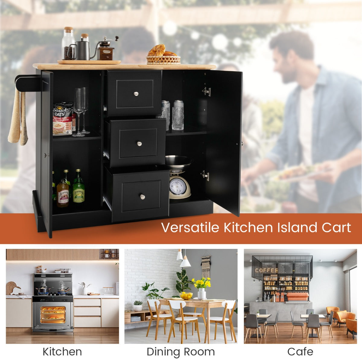 Livsk costway keuken dressoir 5 verborgen wielen 2 kasten 3 lades handdoekhouder kruidenrekje 127 x 46 x 91 cm l x b x h 6
