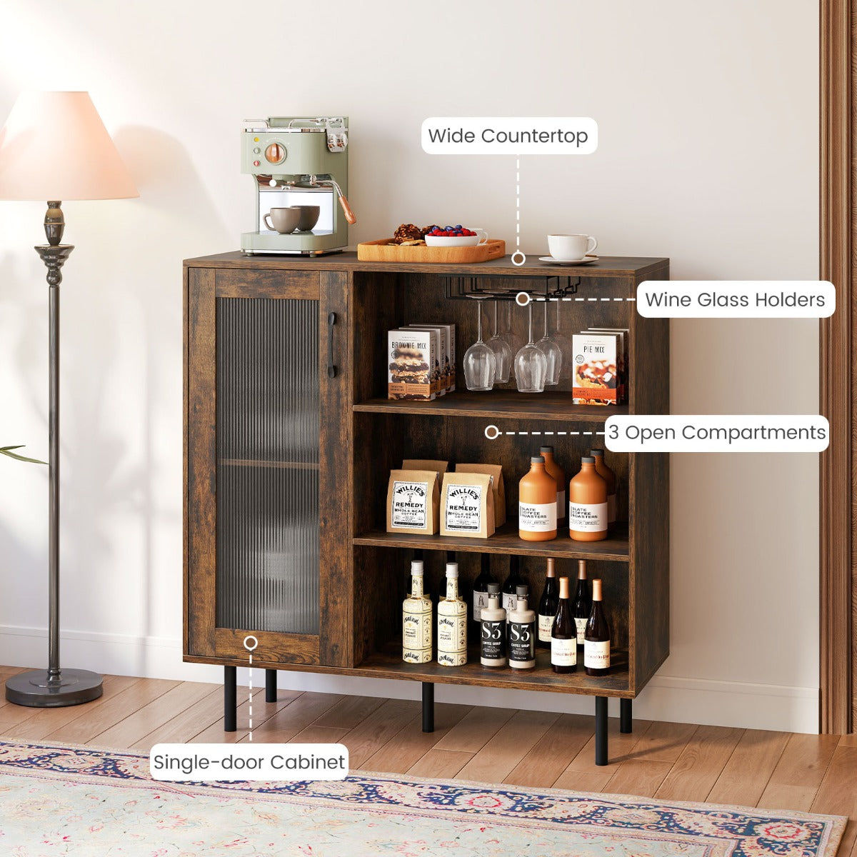 LIVSK Wijnkeukenkast - Verstelbare Plank - Glashouder - Brede Lade - Stevige Constructie - 95 x 35 x 98 cm - Bruin