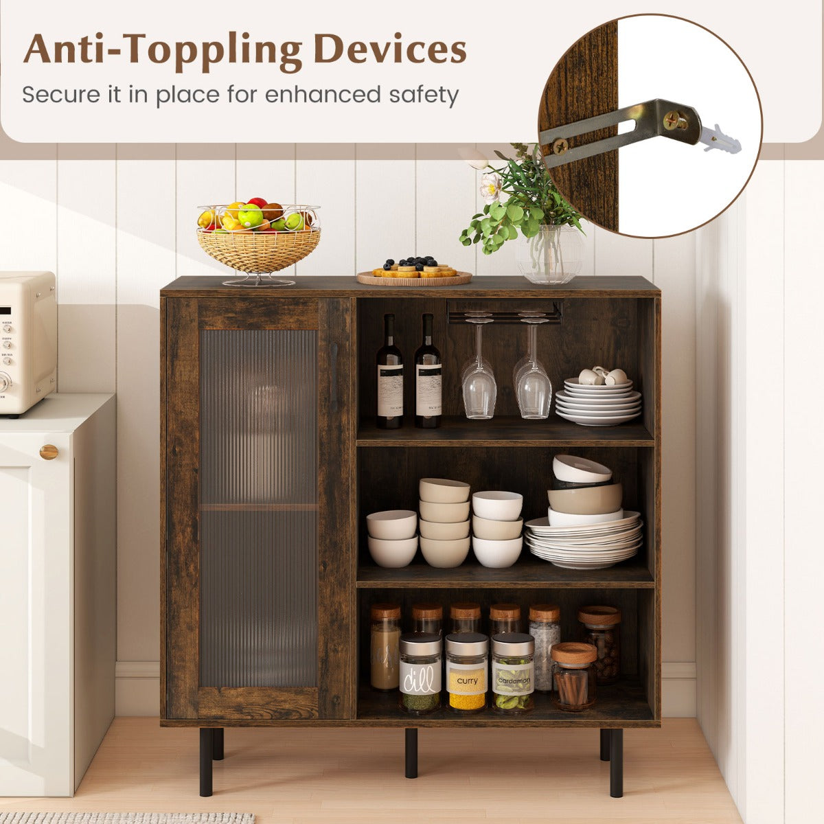 LIVSK Wijnkeukenkast - Verstelbare Plank - Glashouder - Brede Lade - Stevige Constructie - 95 x 35 x 98 cm - Bruin