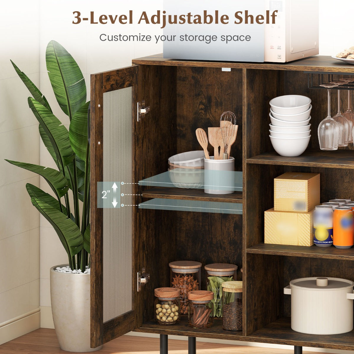 LIVSK Wijnkeukenkast - Verstelbare Plank - Glashouder - Brede Lade - Stevige Constructie - 95 x 35 x 98 cm - Bruin