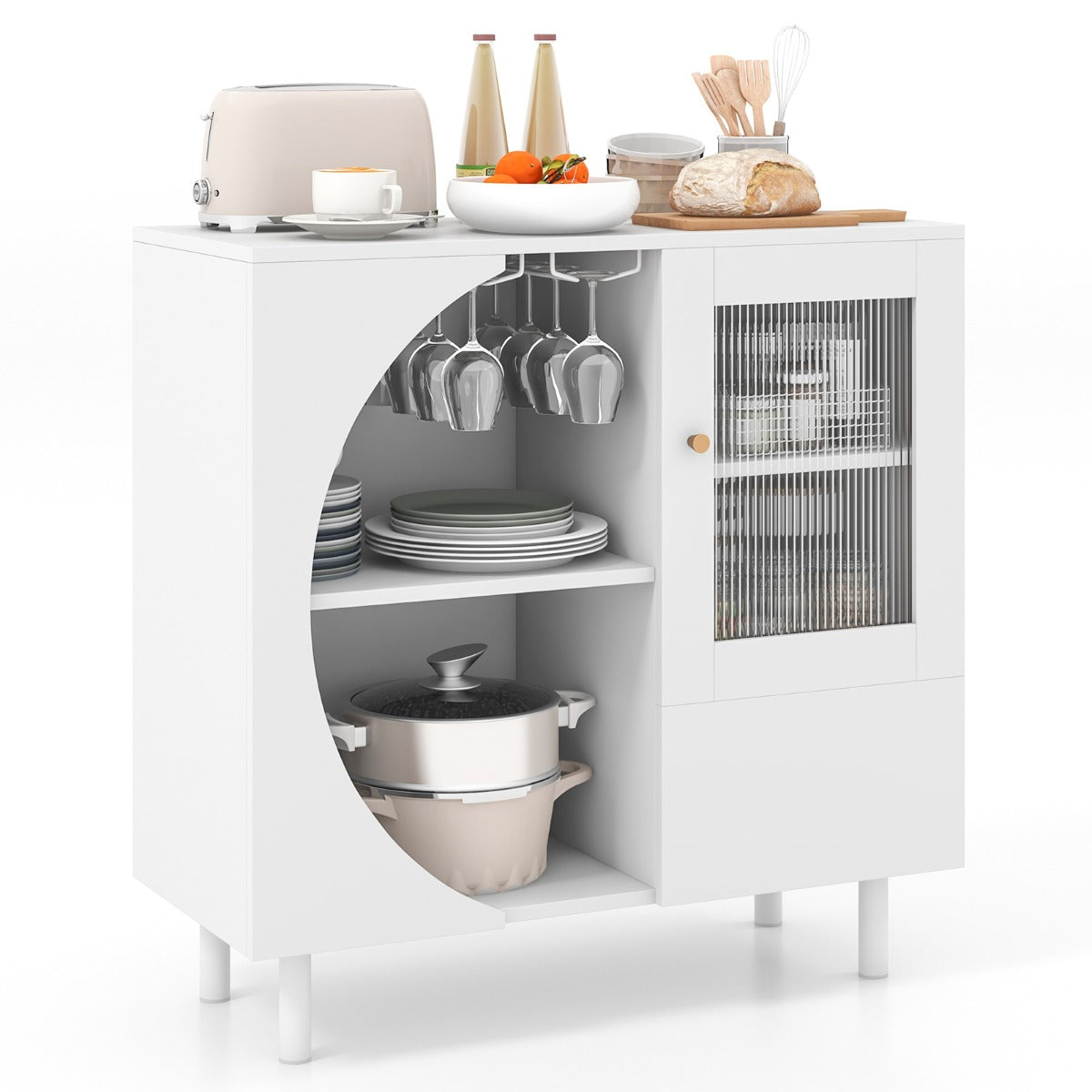 LIVSK Moderne Buffetkast - Gehard Glas - Open Planken - Wijnglazenrek - Stevige Constructie - 80 x 30 x 80 cm - Wit