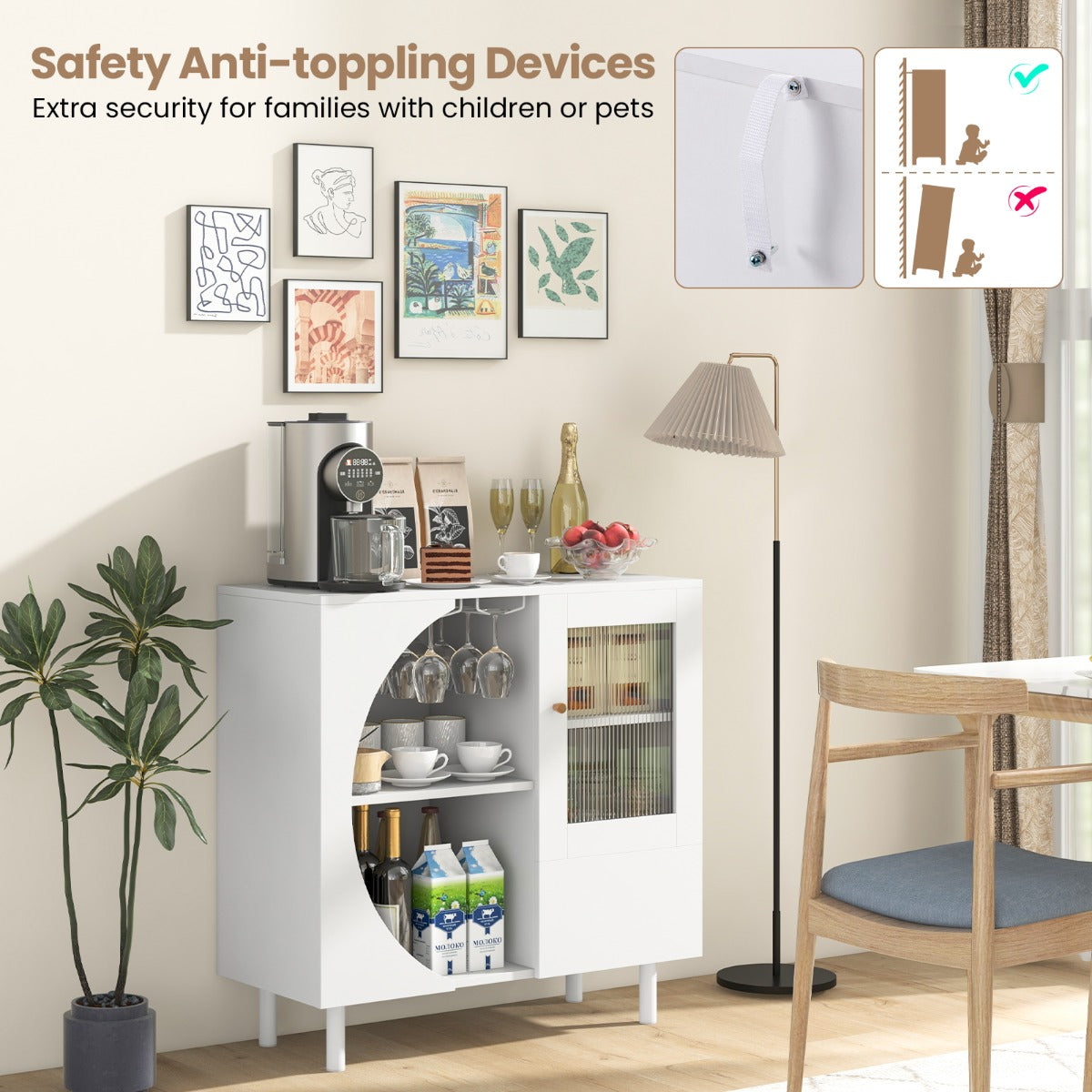 LIVSK Moderne Buffetkast - Gehard Glas - Open Planken - Wijnglazenrek - Stevige Constructie - 80 x 30 x 80 cm - Wit