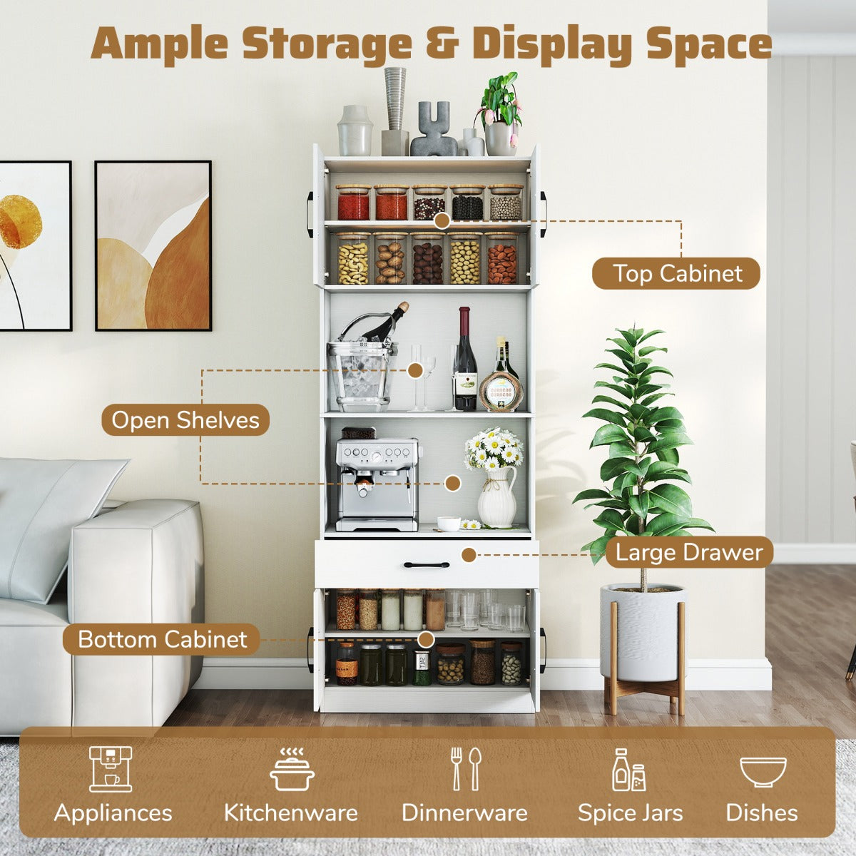 LIVSK Voorraadkast met Oplaadstation - 2 Stopcontacten en USB-poort - 2 Opbergkasten en Open Planken - 65 x 38 x 168 cm - Wit
