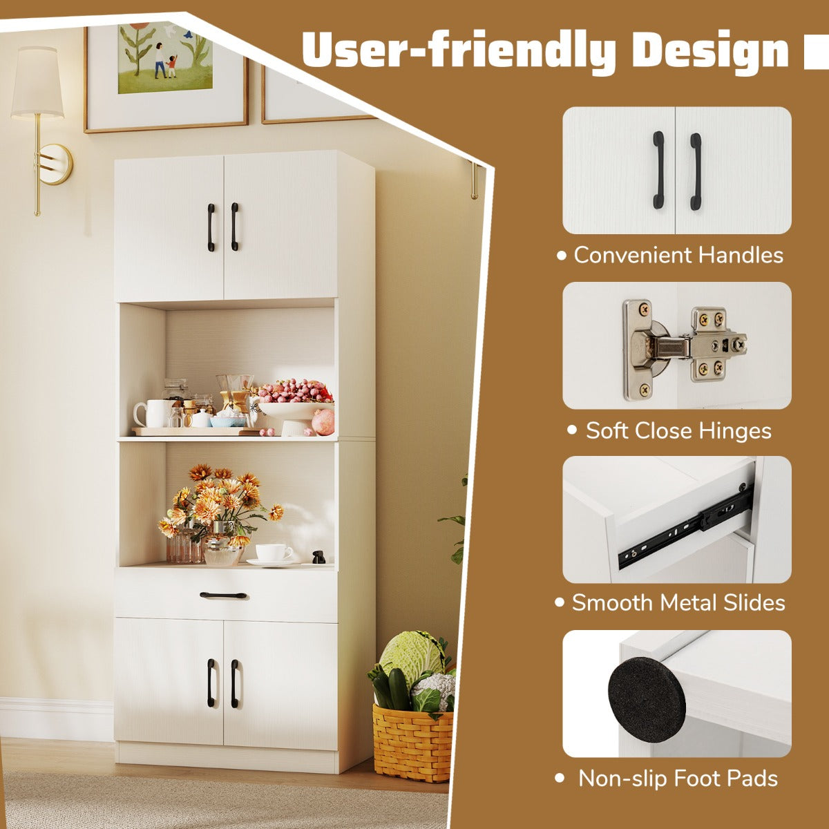 LIVSK Voorraadkast met Oplaadstation - 2 Stopcontacten en USB-poort - 2 Opbergkasten en Open Planken - 65 x 38 x 168 cm - Wit