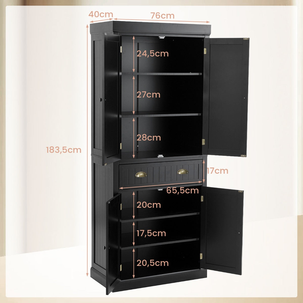 LIVSK Vrijstaande Voorraadkast - 2 Dubbele Deurkasten - 1 Uittrekbare Lade - 3 Verstelbare Planken - Stabiele Structuur - Zwart