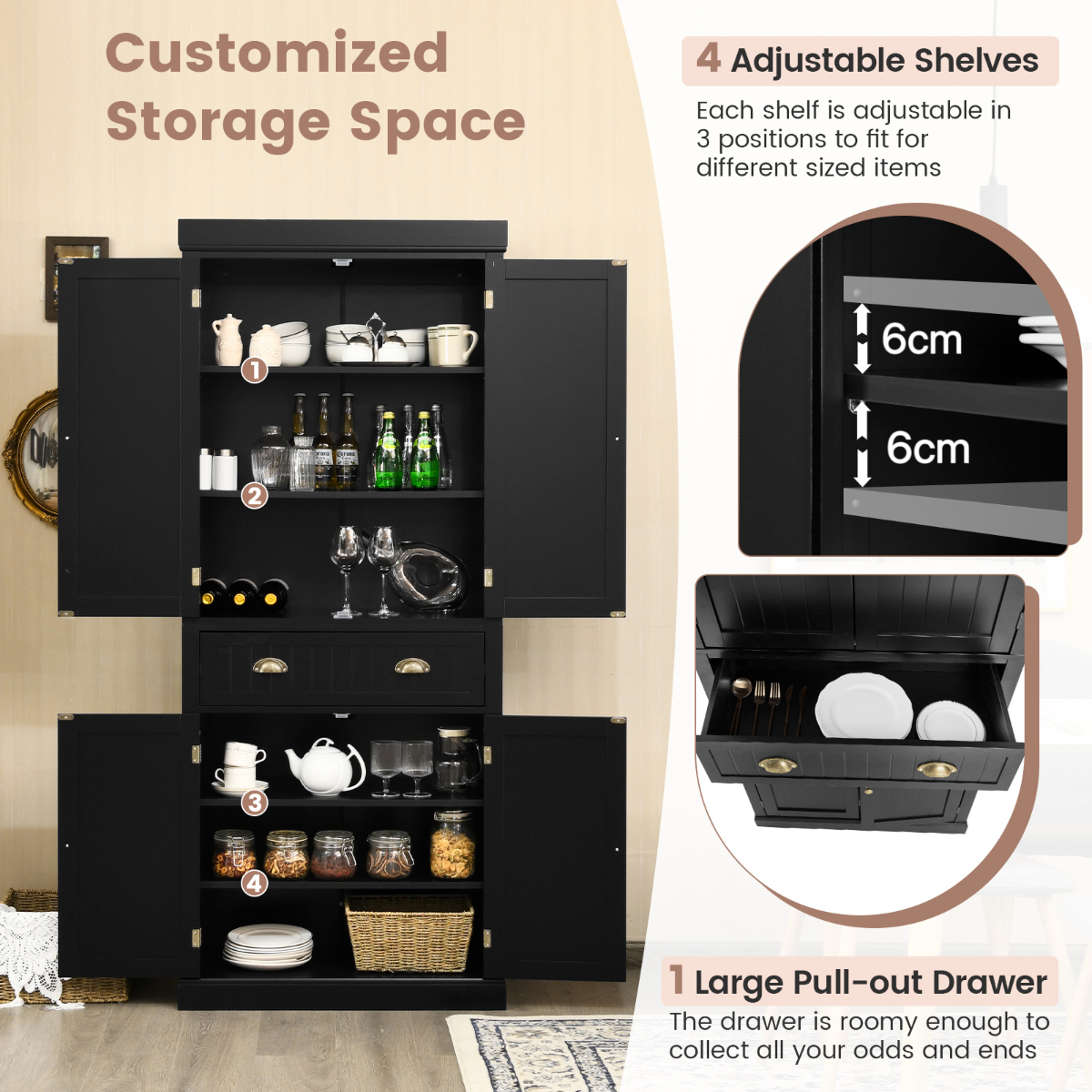 LIVSK Vrijstaande Voorraadkast - 2 Dubbele Deurkasten - 1 Uittrekbare Lade - 3 Verstelbare Planken - Stabiele Structuur - Zwart