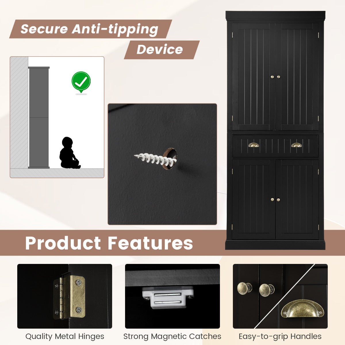 LIVSK Vrijstaande Voorraadkast - 2 Dubbele Deurkasten - 1 Uittrekbare Lade - 3 Verstelbare Planken - Stabiele Structuur - Zwart