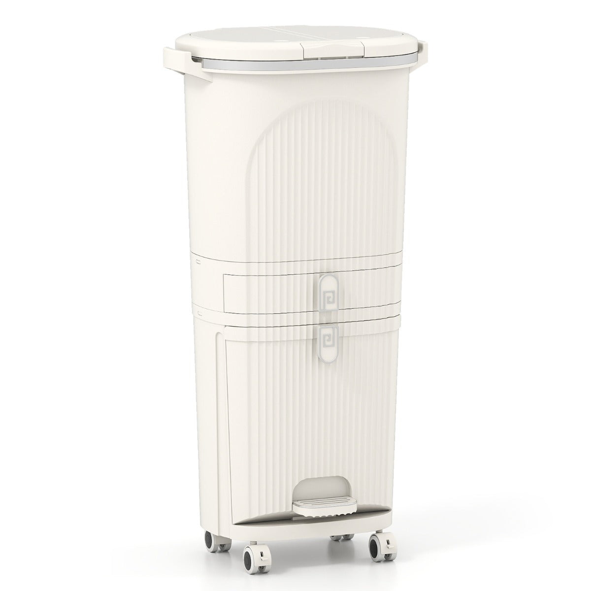 Livsk costway keukenafvalbak met deksel 42 liter afvalbak met drie compartimenten voor afvalscheiding en twee uitneembare containers beige
