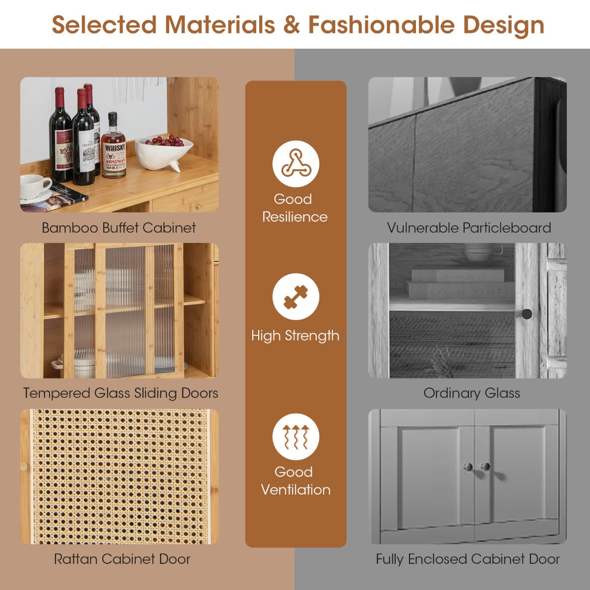 LIVSK Buffetkast met Schuifdeur en Glashouder - 5 Opbergvakken - Ruim Werkblad - Bamboe en Gehard Glas - 120 x 35 x 175 cm -