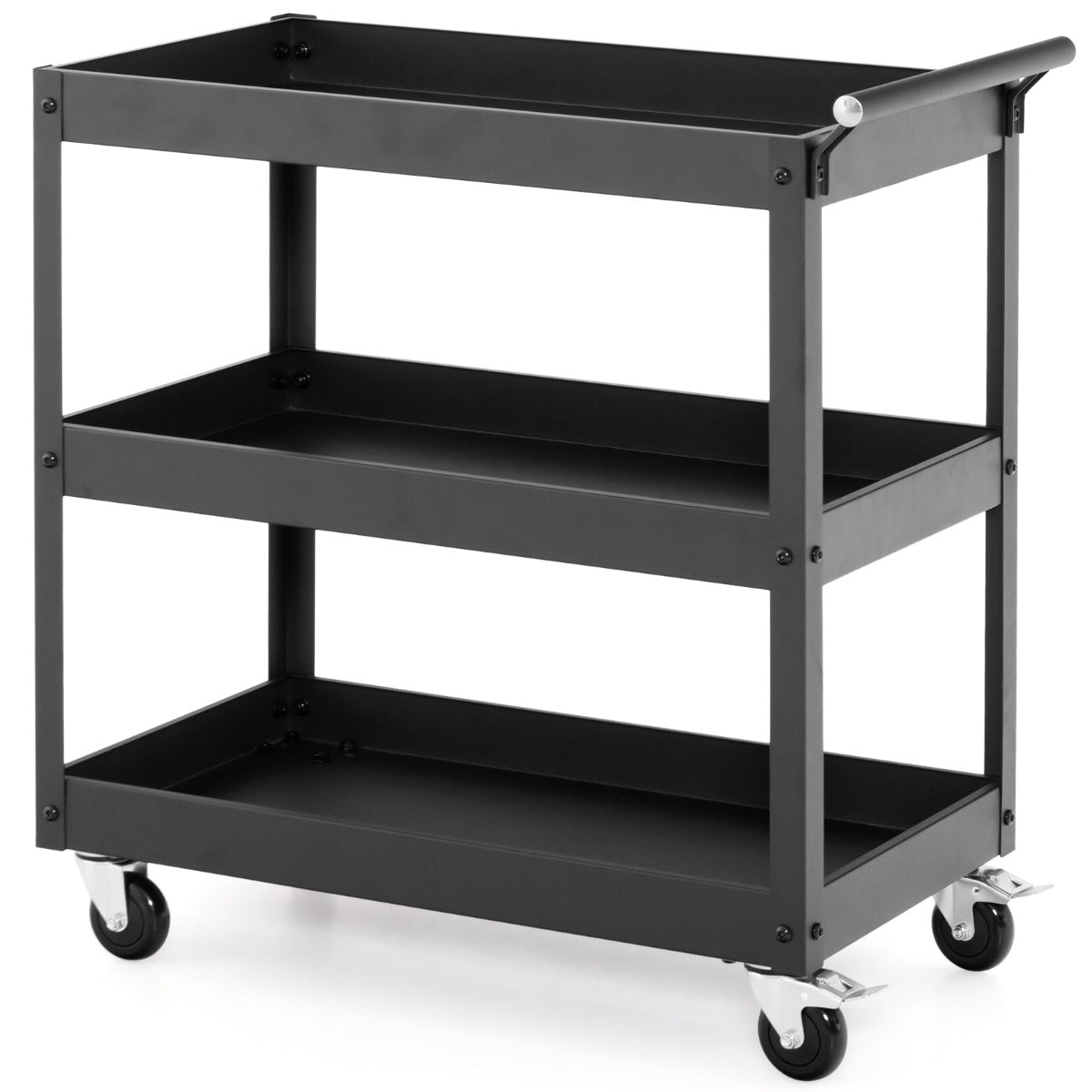 LIVSK Serveerwagen met 3 Etages - Ergonomische Handgreep - 4 Universele Wielen - Draagvermogen 25 kg - Zwart