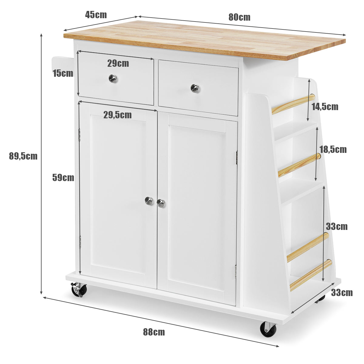 LIVSK Keukentrolley van Rubberhout - Massief Werkblad - 2 Laden en Kast - Verstelbaar Kruidenrek - Vergrendelbare Wielen - Wit