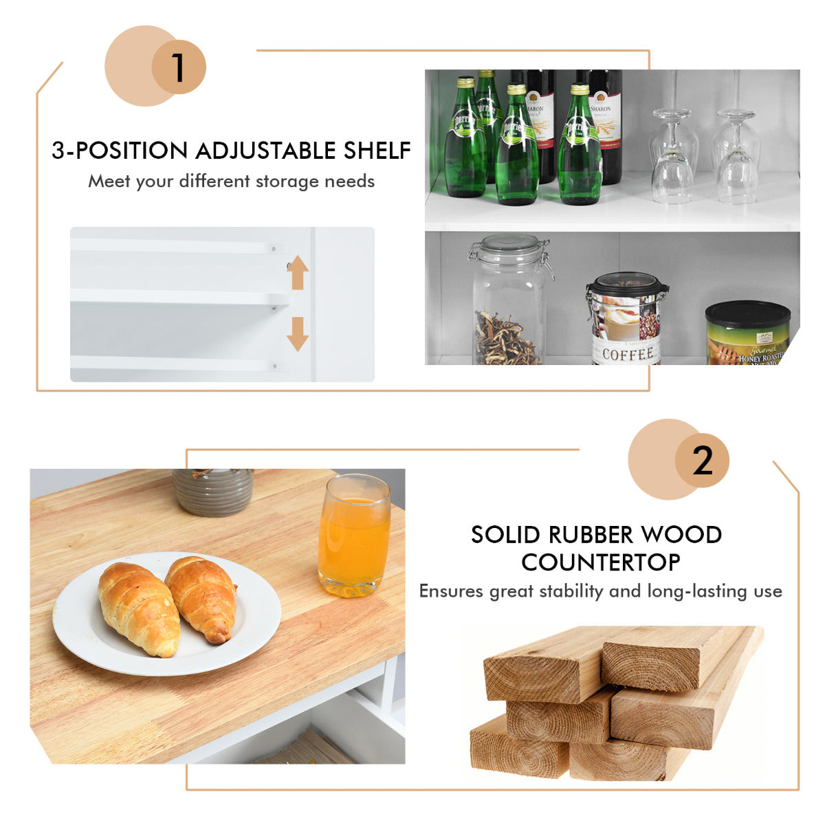 LIVSK Keukentrolley van Rubberhout - Massief Werkblad - 2 Laden en Kast - Verstelbaar Kruidenrek - Vergrendelbare Wielen - Wit