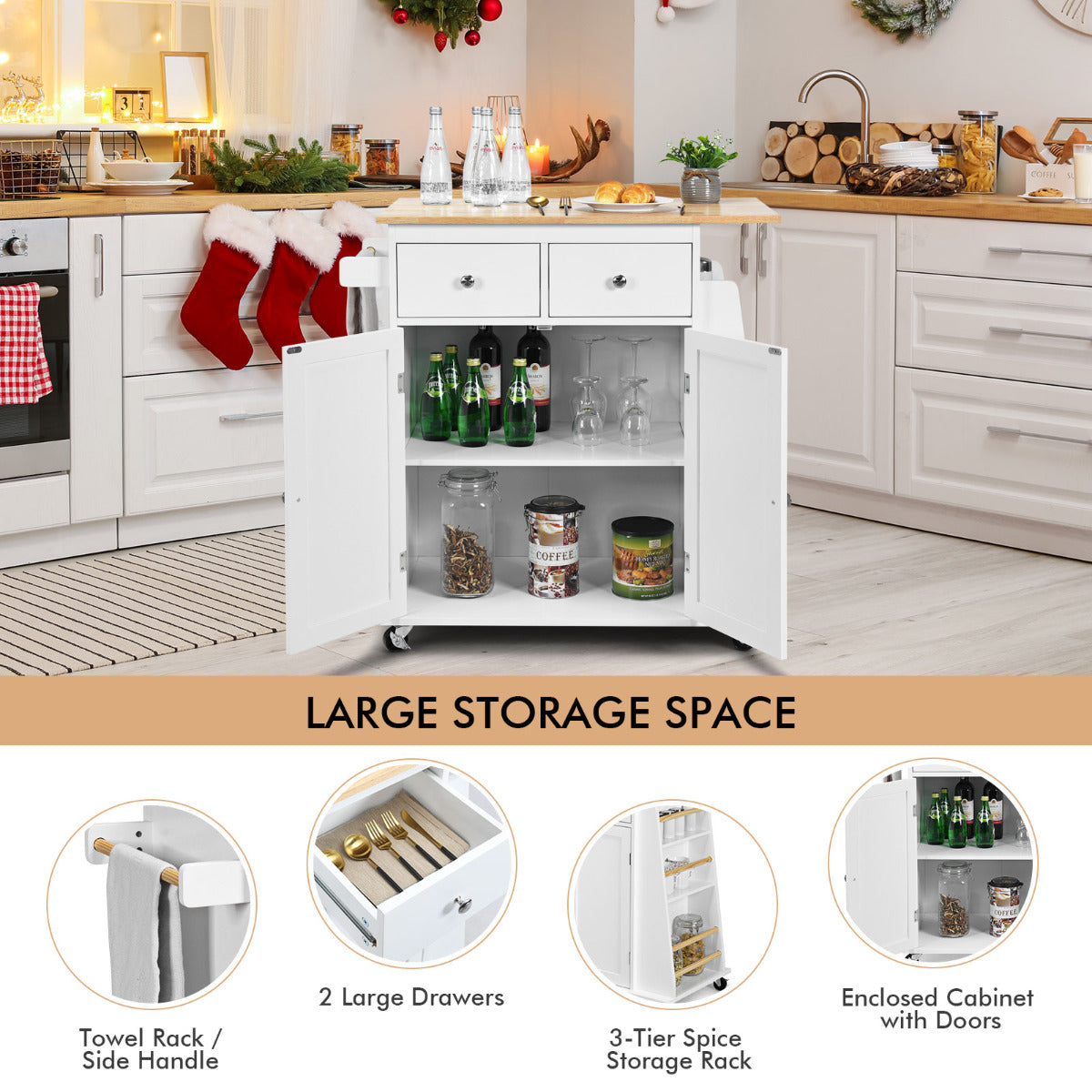 LIVSK Keukentrolley van Rubberhout - Massief Werkblad - 2 Laden en Kast - Verstelbaar Kruidenrek - Vergrendelbare Wielen - Wit