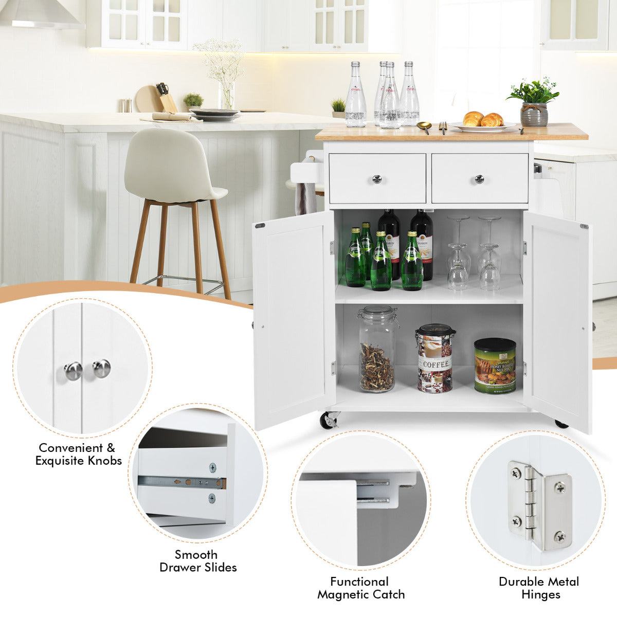 LIVSK Keukentrolley van Rubberhout - Massief Werkblad - 2 Laden en Kast - Verstelbaar Kruidenrek - Vergrendelbare Wielen - Wit