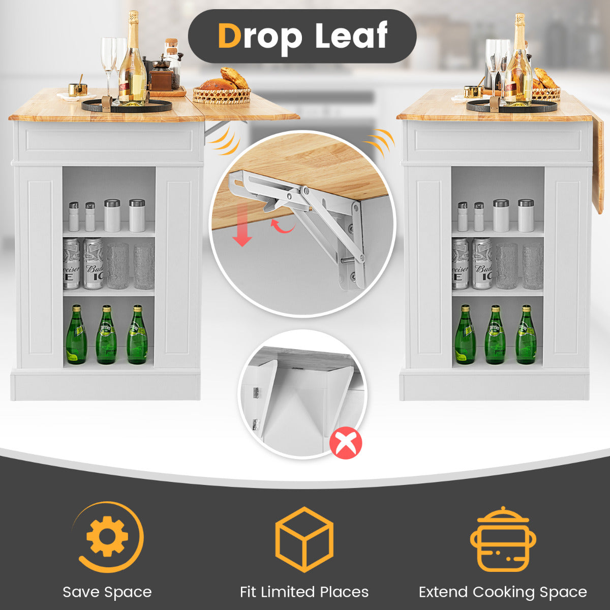 LIVSK Keukentafel met Inklapbaar Werkblad - Verstelbare Planken - Handige Laden en Kast - 120 x 61 x 92 cm - Wit