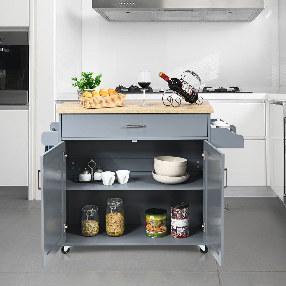 LIVSK Rollende Keukentrolley - Ruim Aanrechtblad - Verstelbare Plank - Handdoekrek - Zwenkwielen met Rem - 116 x 40 x 85 cm -