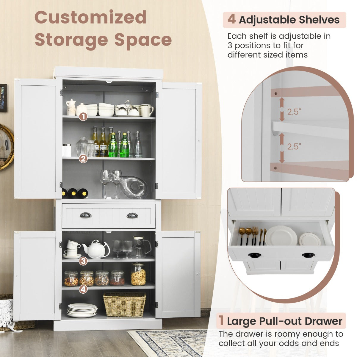 LIVSK Buffetkast 183 cm - Houten Meubel met 2 Dubbeldeurs en Uittrekbare Lade - Verstelbare Planken - Wit