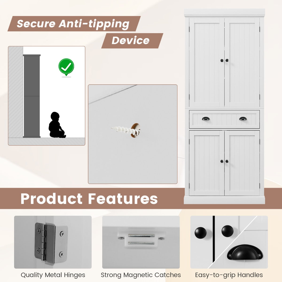 LIVSK Buffetkast 183 cm - Houten Meubel met 2 Dubbeldeurs en Uittrekbare Lade - Verstelbare Planken - Wit