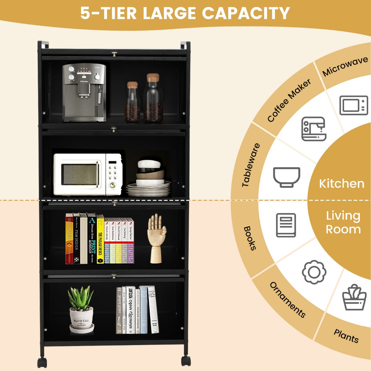LIVSK Rollende Magnetronstandaard - 5 Niveaus - Inklapbare Deuren - Metalen Frame - 75 kg - 60 x 32 x 154 cm - Zwart
