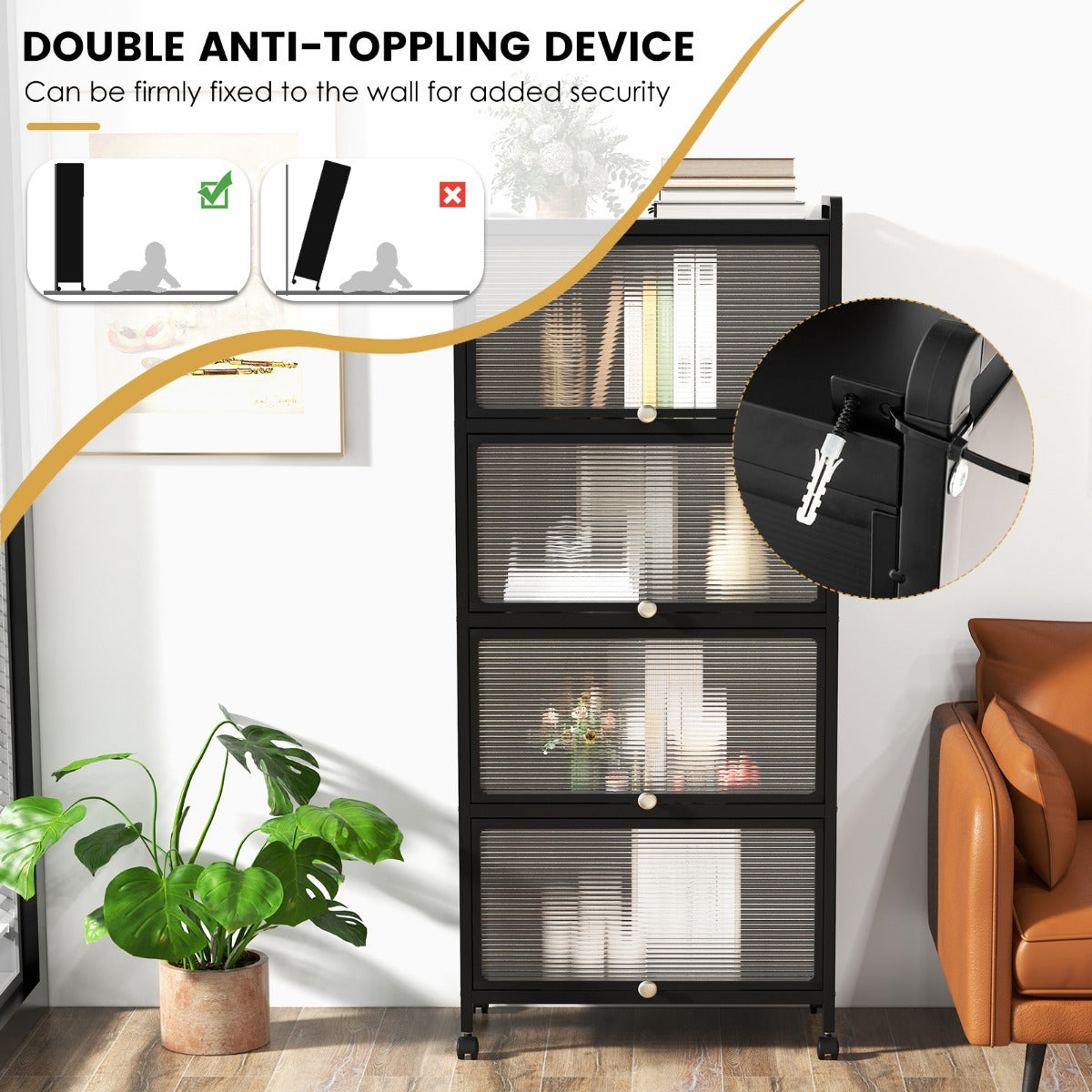 LIVSK Rollende Magnetronstandaard - 5 Niveaus - Inklapbare Deuren - Metalen Frame - 75 kg - 60 x 32 x 154 cm - Zwart