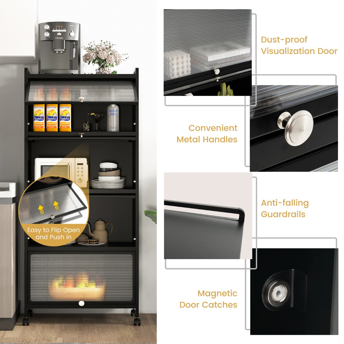 LIVSK Rollende Magnetronstandaard - 5 Niveaus - Inklapbare Deuren - Metalen Frame - 75 kg - 60 x 32 x 154 cm - Zwart