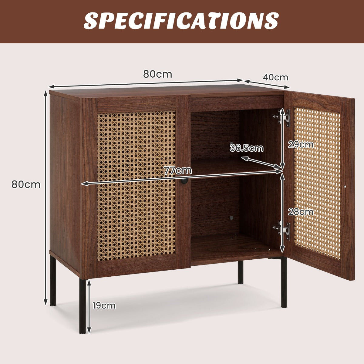 LIVSK Buffetkast - Verstelbare Planken - Rotan Deuren - Stevige Metalen Constructie - 80 x 40 x 80 cm - Walnoot