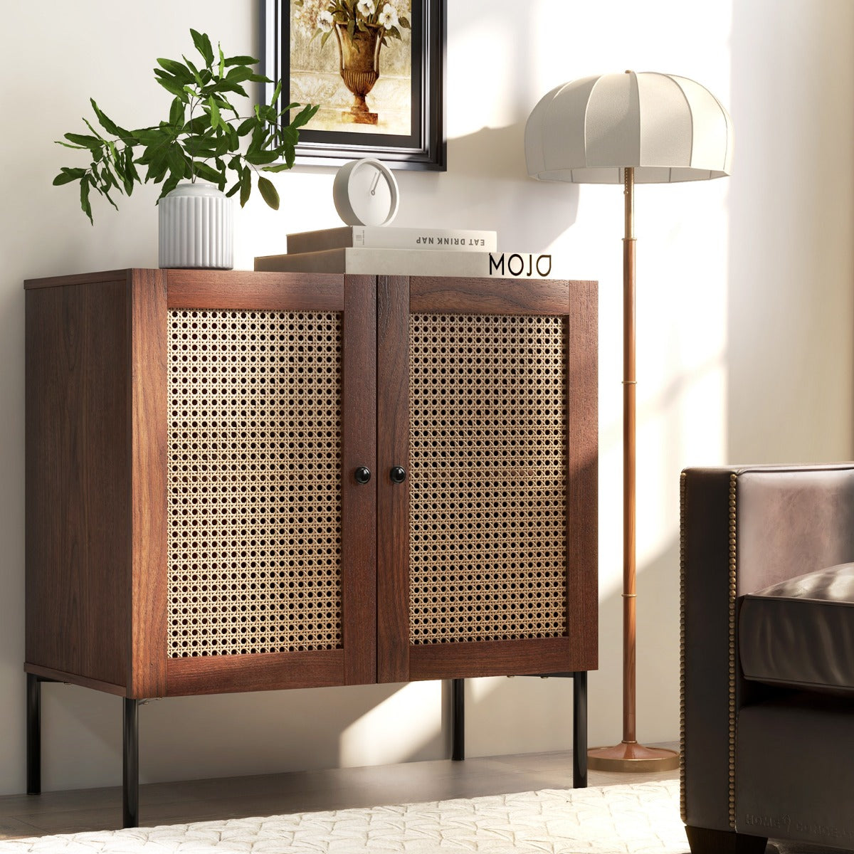LIVSK Buffetkast - Verstelbare Planken - Rotan Deuren - Stevige Metalen Constructie - 80 x 40 x 80 cm - Walnoot
