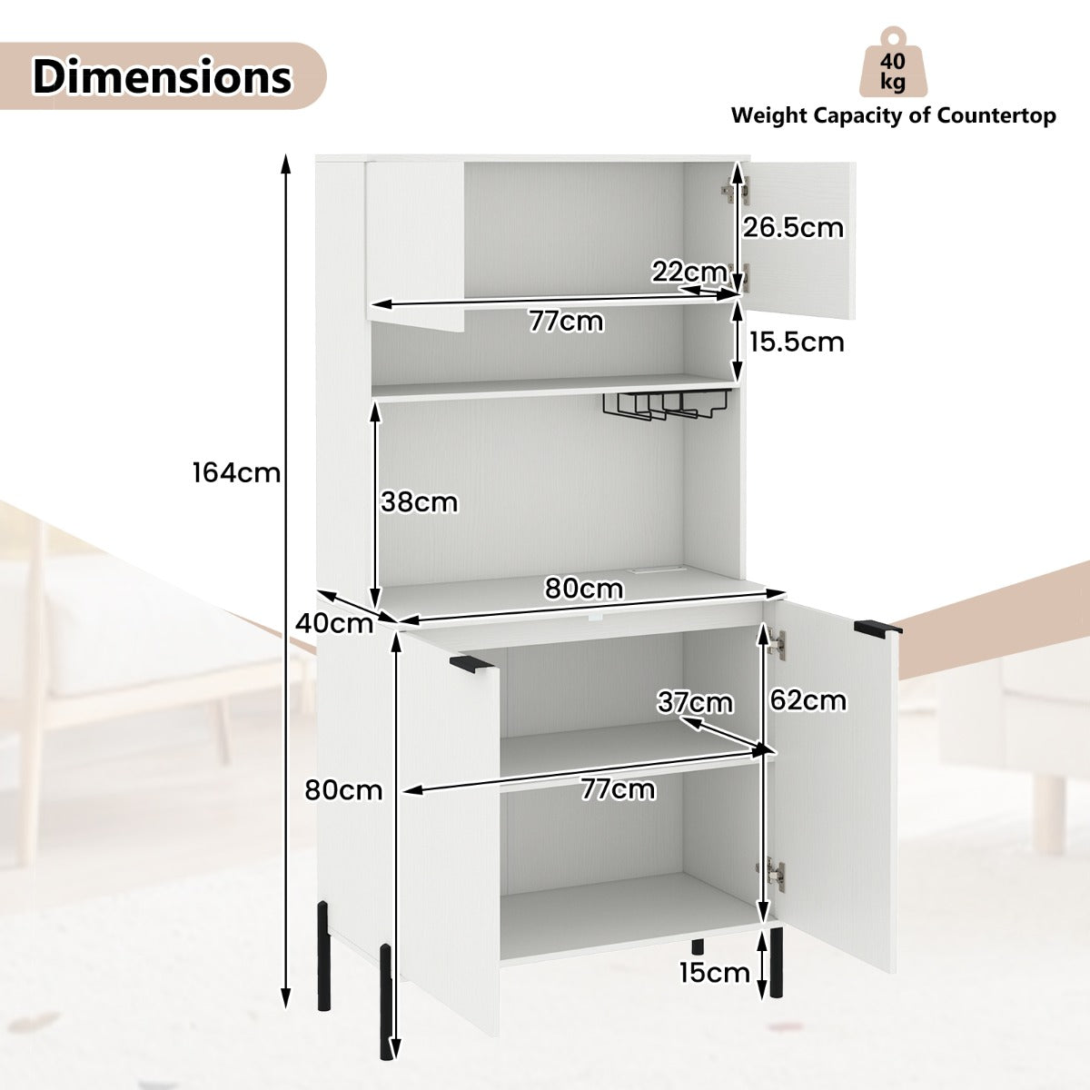 Livsk costway keukenkast met oplaadstation buffetkast met deuren verstelbare plank kast voor eetkamer en woonkamer wit 1 1