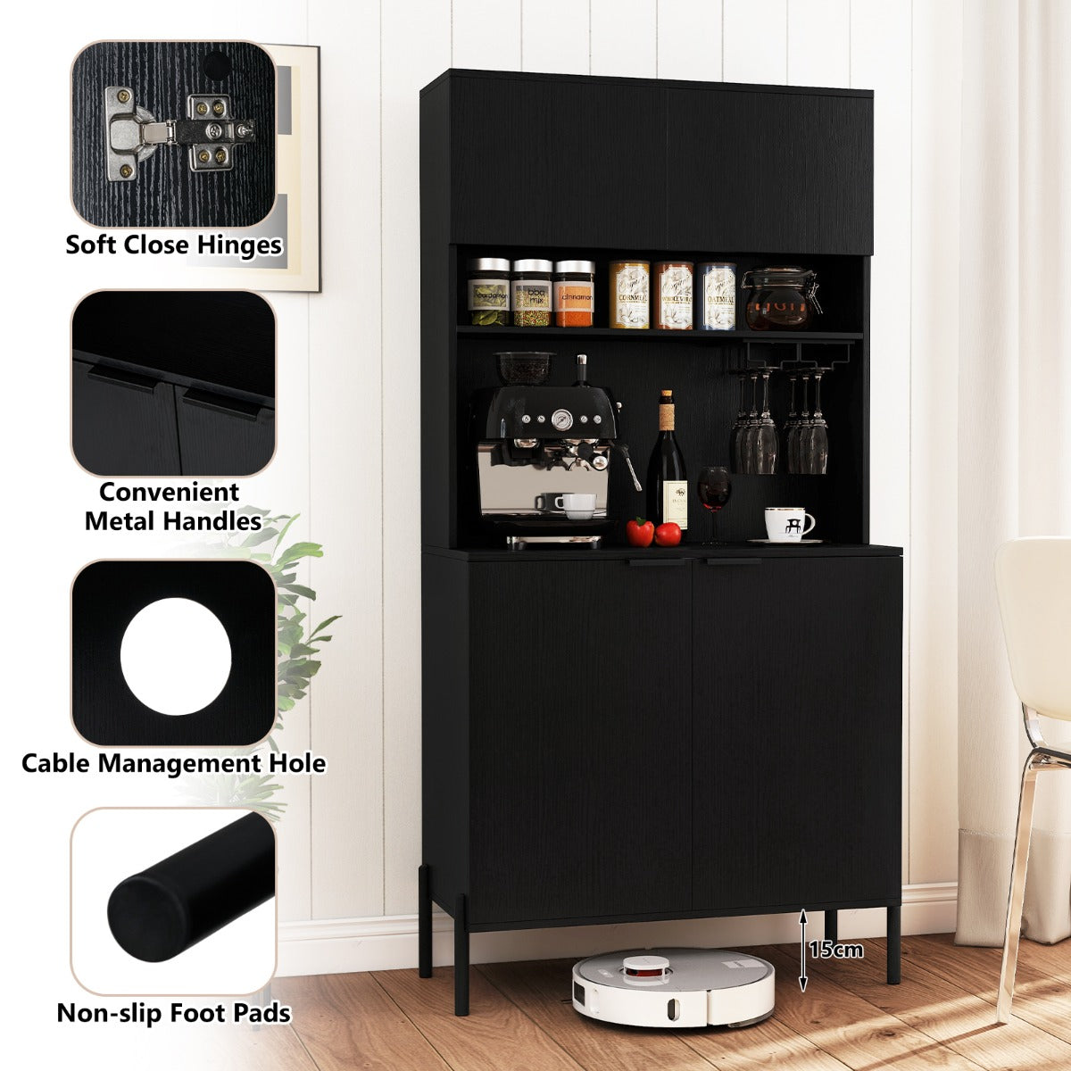Livsk costway keukenkast met oplaadstation buffetkast met deuren verstelbare plank kast voor eetkamer en woonkamer zwart 5