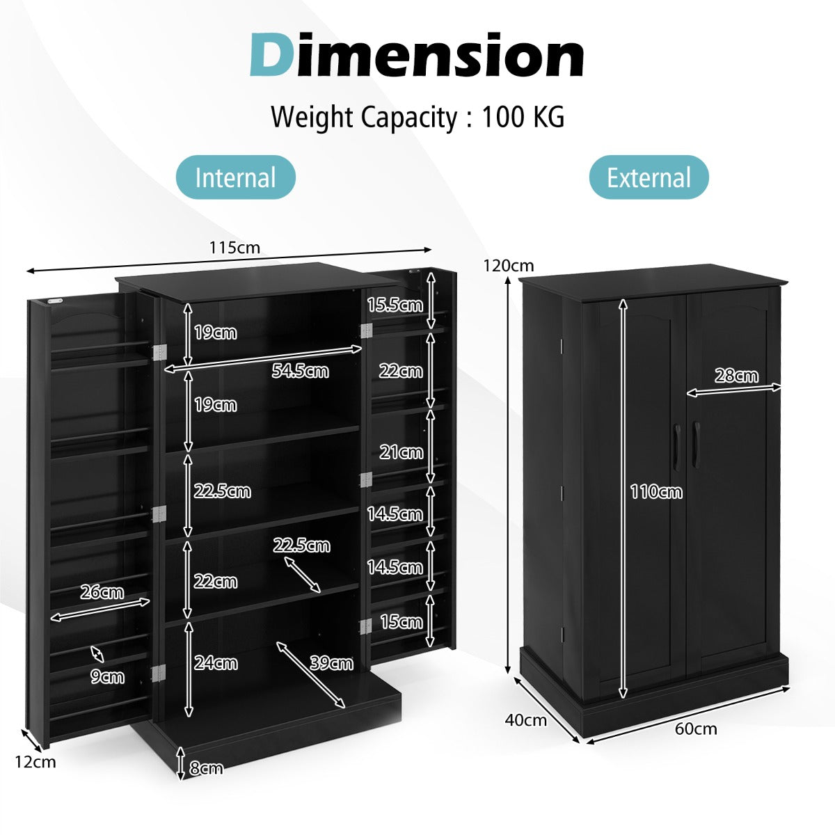 LIVSK Multifunctionele Opbergkast - 17 Verstelbare Planken - Metalen Stangen - Modern en Elegant - 60 x 40 x 120,5 cm - Zwart
