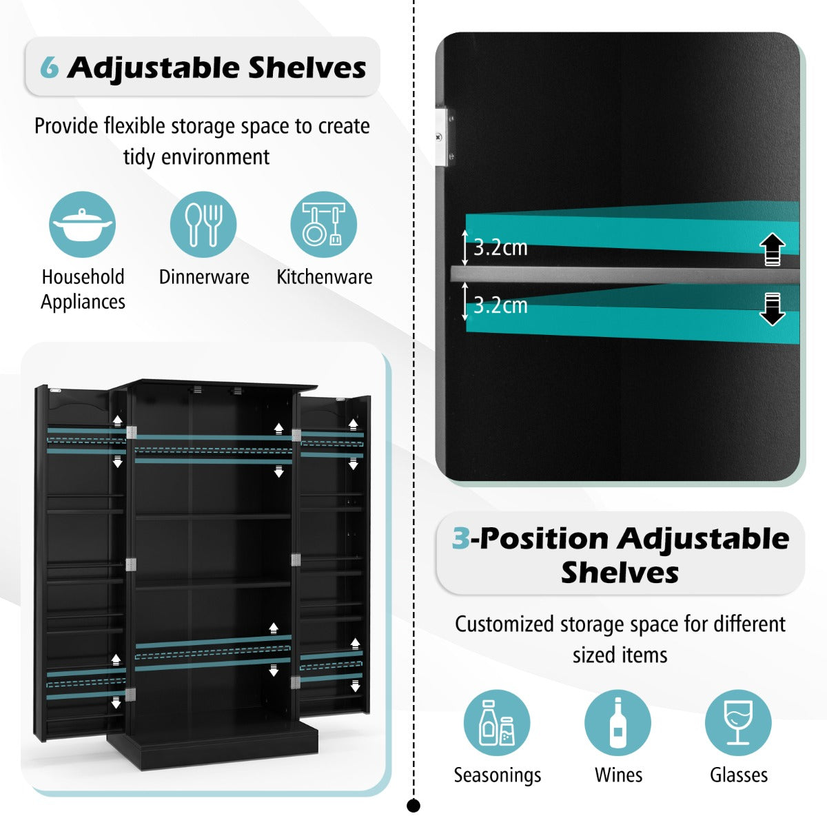 LIVSK Multifunctionele Opbergkast - 17 Verstelbare Planken - Metalen Stangen - Modern en Elegant - 60 x 40 x 120,5 cm - Zwart
