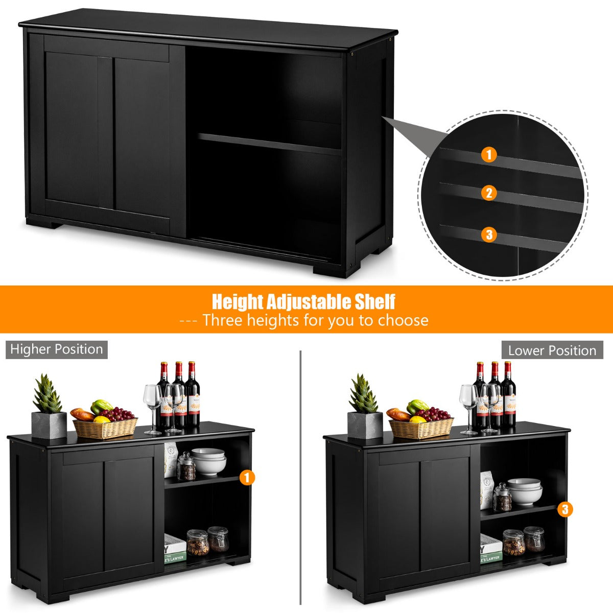 LIVSK Keukenbuffet met Schuifdeuren - Ruime Opbergruimte - Verstelbare Planken - Hoogwaardig MDF - 107 x 33 x 60 cm - Zwart