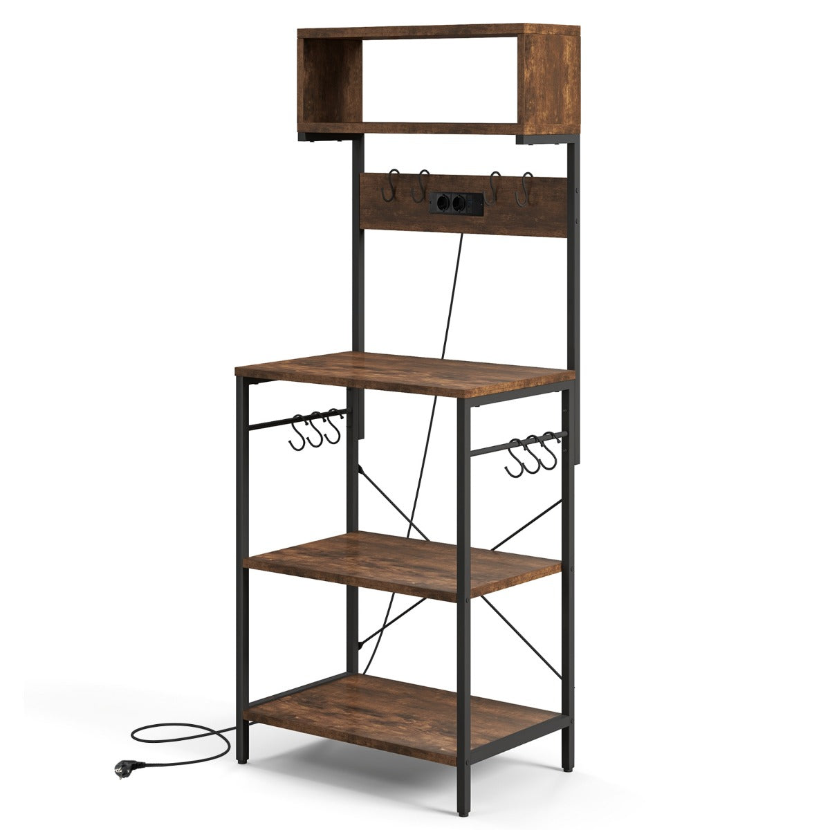 LIVSK Keukenrek met Stopcontacten - 4 Open Planken - 10 Afneembare Haken - Duurzaam Metalen Frame - 60 x 42 x 153 cm - Rustiek